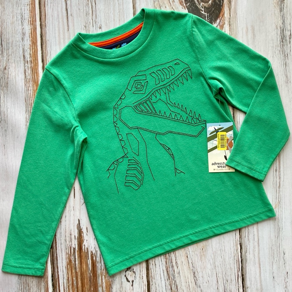 Green top with navy embroidered dinosaur 5T NWT